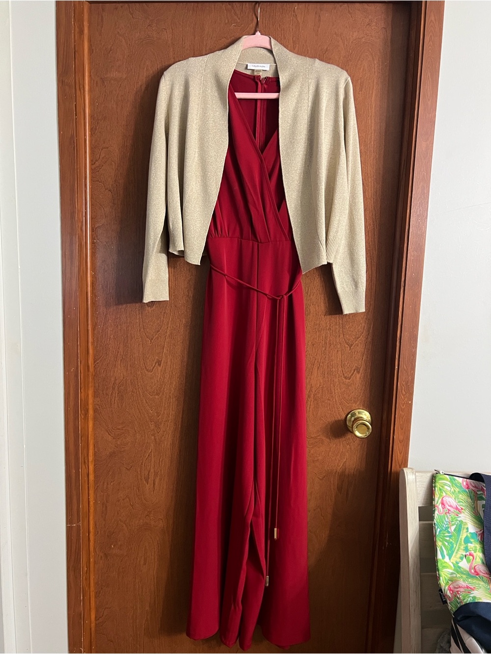 INC International Concepts Red Wrap Jumpsuit with Cream Bolero
